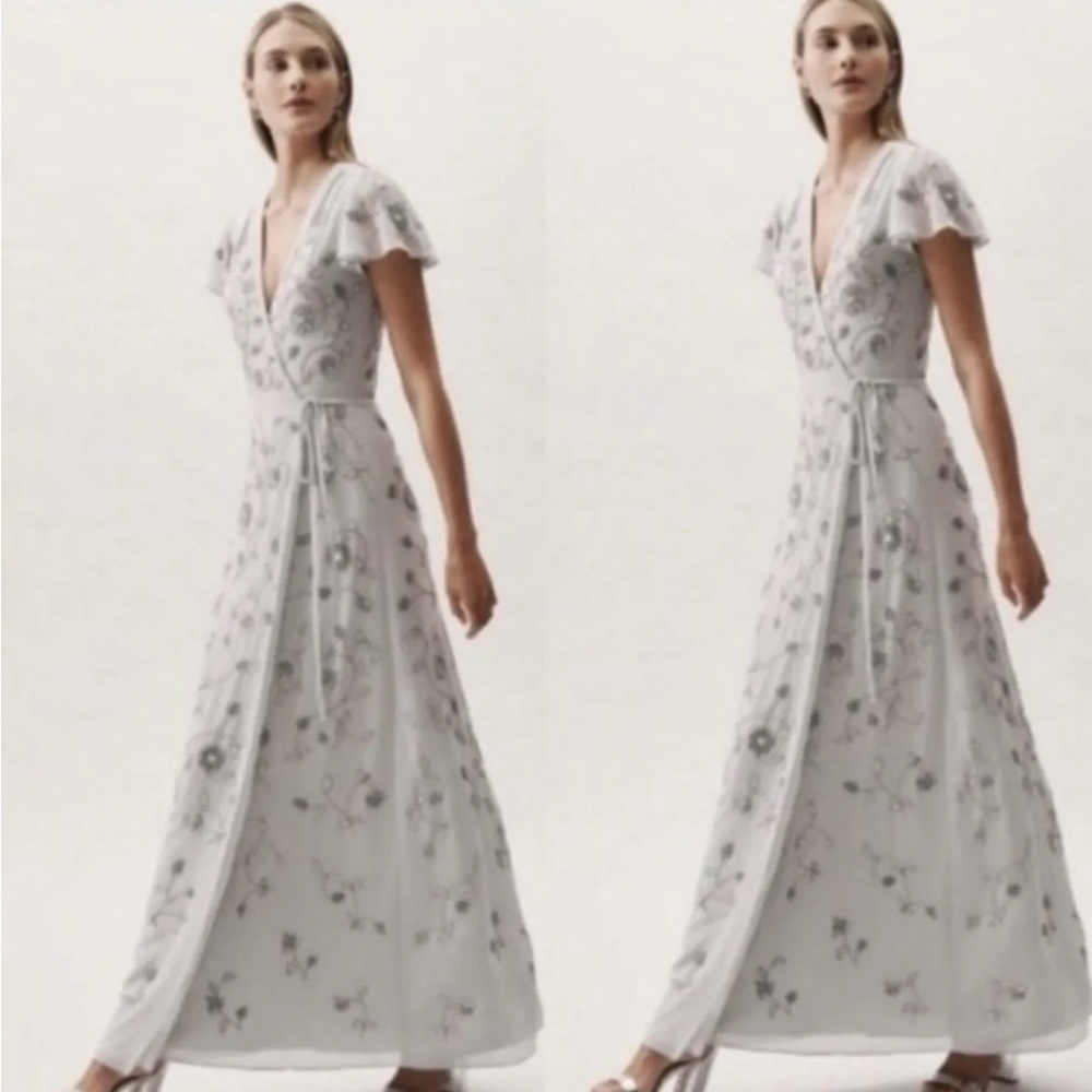 BHLDN x AnthroPlymouth Gown Maxi Dress Metallic Beading Wrap Flutter Light Gray
